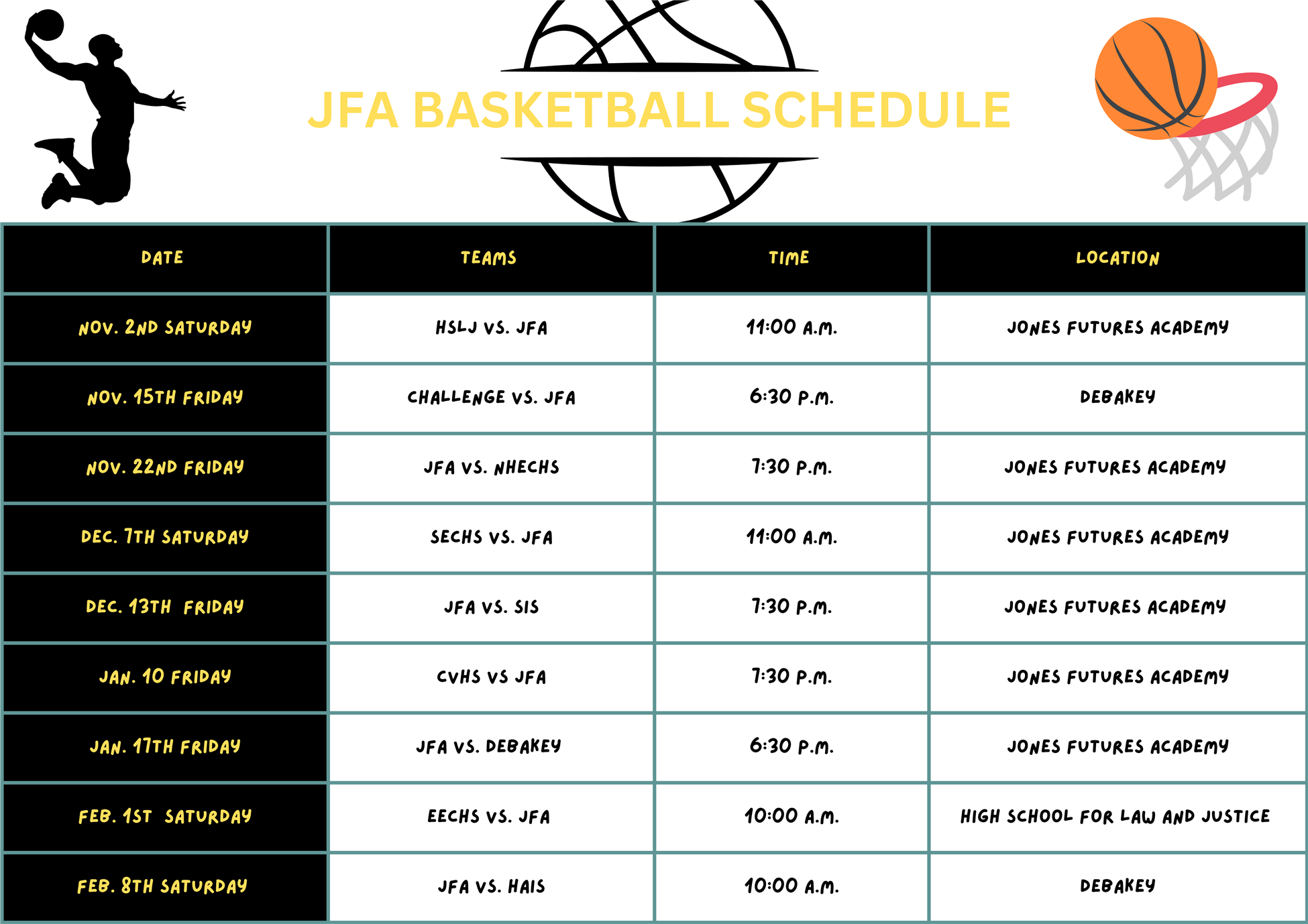 JFA Basketball Schedule